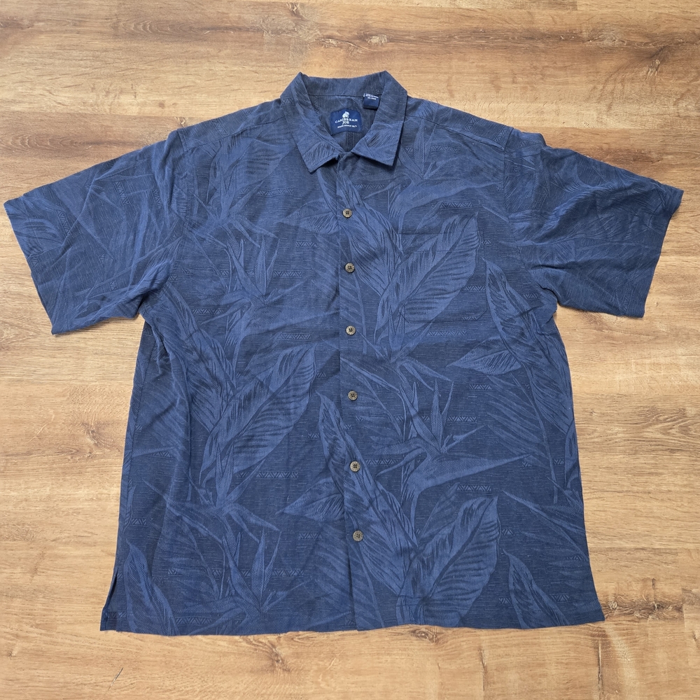Caribbean Joe Navy Leaf Pattern Shirt Washable 100% Silk XXL